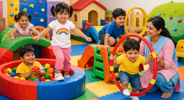 Children playing safely on soft-surface playground equipment.