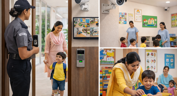 Security camera overlooking a well-maintained preschool corridor.