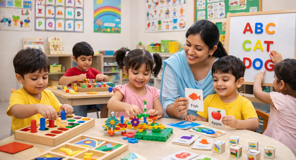 Colorful learning materials arranged neatly for preschool activities.