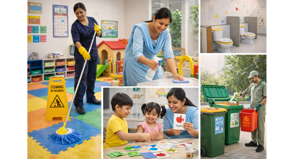 Clean and bright preschool corridor maintained for hygiene.